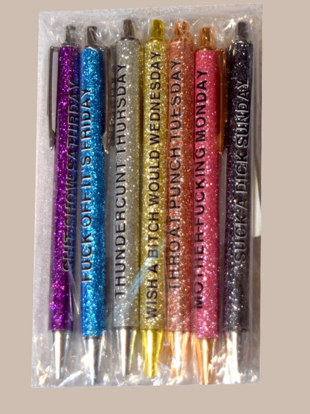 7PC Glitter Pen Set Funny Swear Word Weekday Novelty Pens NIP Gift - Picture 4 of 6